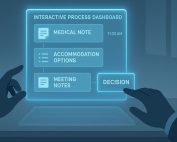 tylized illustration of two anonymous hands interacting with a holographic case file tracking accommodation steps.