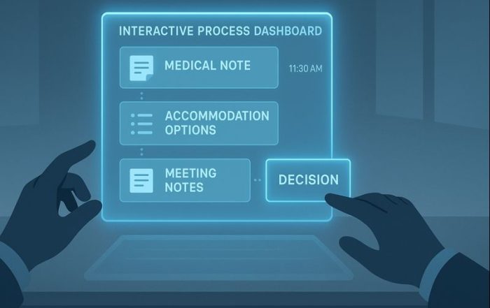 tylized illustration of two anonymous hands interacting with a holographic case file tracking accommodation steps.