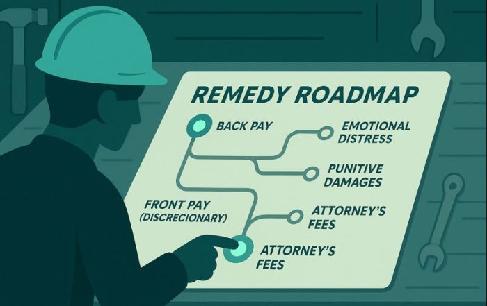 Flat-style illustration of a person consulting a "Remedy Roadmap" showing back pay, emotional distress, and attorney’s fees.