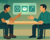 Anonymous worker and manager seated at a table pointing to illuminated accommodation-option tiles.