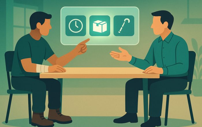 Anonymous worker and manager seated at a table pointing to illuminated accommodation-option tiles.