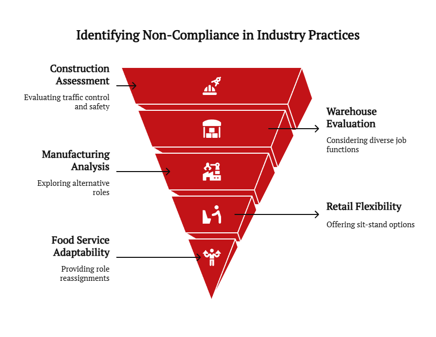 Inverted funnel showing non-compliance examples across industries: construction, warehouse, manufacturing, retail, and food service accommodation issues.