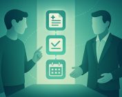 Stylized illustration of two anonymous figures in a calm meeting with medical note, checklist, and calendar icons.