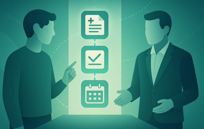 Stylized illustration of two anonymous figures in a calm meeting with medical note, checklist, and calendar icons.