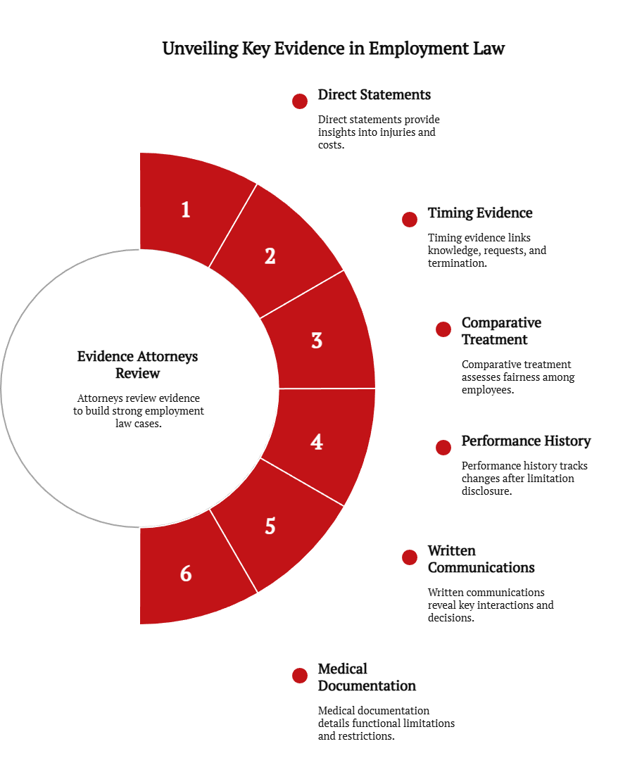 Chart showing six key evidence types in employment law cases: direct statements, timing evidence, comparative treatment, performance history, communications, and medical documentation.