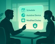 Two anonymous figures in discussion with a glowing panel showing accommodation options and a privacy shield.