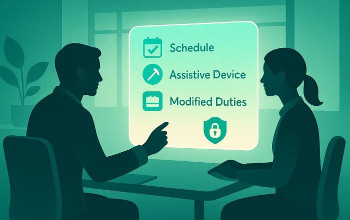 Two anonymous figures in discussion with a glowing panel showing accommodation options and a privacy shield.