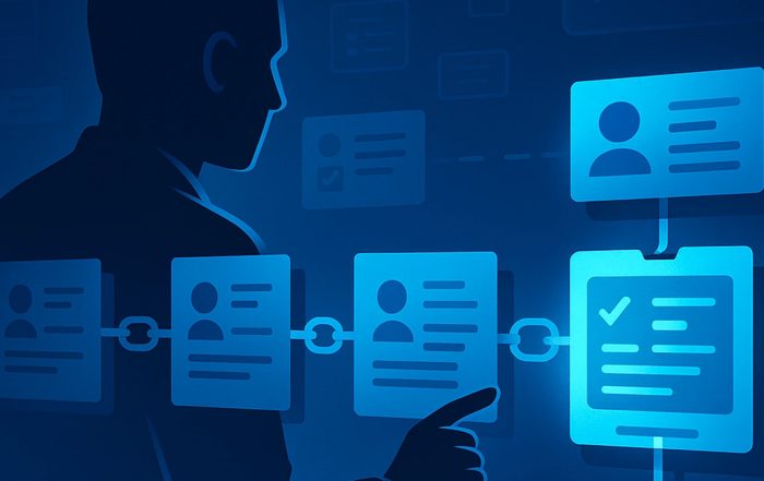 Stylized illustration of an anonymous figure auditing a glowing block inside a digital chain, symbolizing secure provenance.