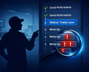 Silhouetted warehouse worker pointing at a timeline that shows “Medical / Family Leave” followed by highlighted post-leave write-ups under a magnifying glass.