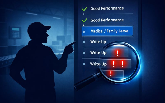 Silhouetted warehouse worker pointing at a timeline that shows “Medical / Family Leave” followed by highlighted post-leave write-ups under a magnifying glass.