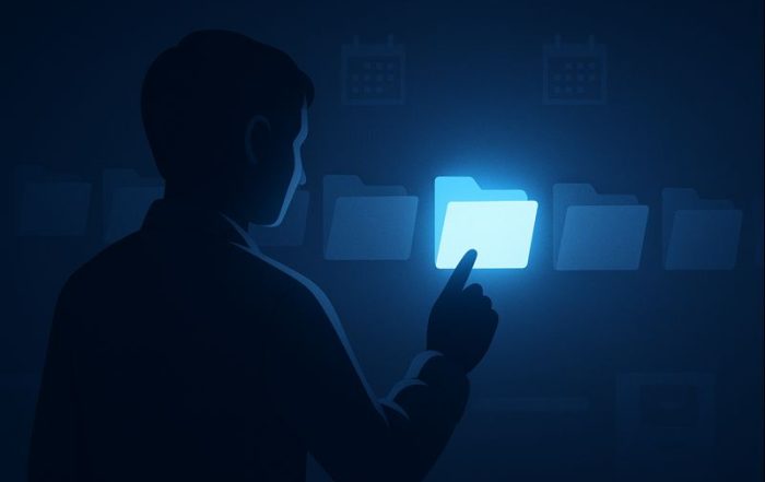 Stylized illustration of a spotlight on a paper trail of personnel files, highlighting a single document.