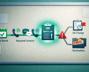 Infographic timeline: 'Leave Starts' → 'Repeated Contacts' → 'HR Write-Up' → 'Job Change' or 'Termination' in California.