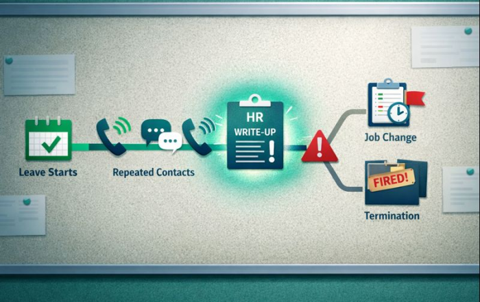 Infographic timeline: 'Leave Starts' → 'Repeated Contacts' → 'HR Write-Up' → 'Job Change' or 'Termination' in California.