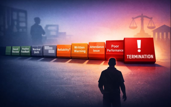 Worker silhouette viewing a timeline of write-ups and warnings that culminate in "TERMINATION", scales faintly in background.