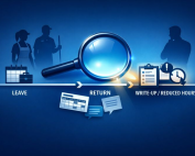 Stylized timeline showing LEAVE → RETURN → WRITE-UP/REDUCED HOURS; magnifying glass highlights suspicious timing and documents.