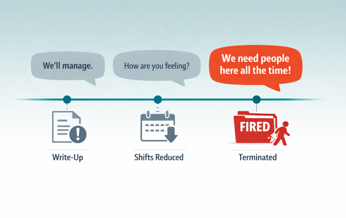 Infographic timeline of speech bubbles linking supervisor comments about leave to schedule cuts, write-ups, and termination.
