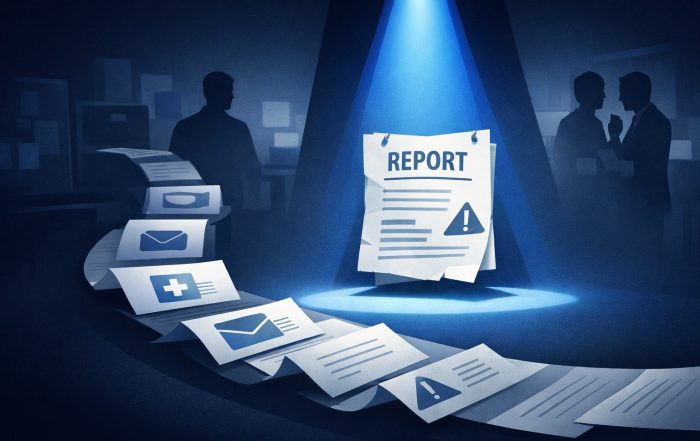 Spotlight on a stack of workplace documents and a resignation letter, symbolizing constructive discharge.