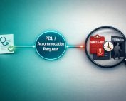 Stylized timeline showing medical note, PDL/accommodation request, then magnified write-up, reduced hours, and termination.