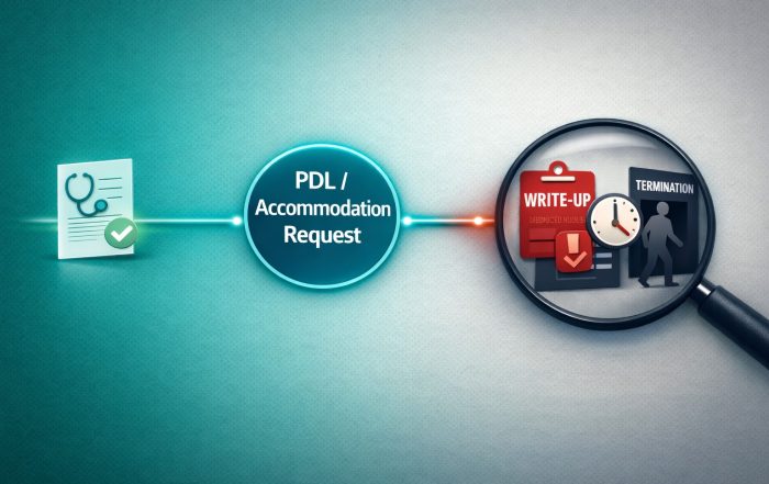 Stylized timeline showing medical note, PDL/accommodation request, then magnified write-up, reduced hours, and termination.