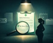 Stylized illustration: magnified medical note reading “No Heavy Lifting” under a spotlight, with a silhouetted pregnant worker.