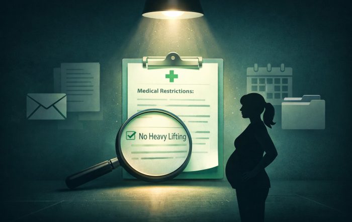 Stylized illustration: magnified medical note reading “No Heavy Lifting” under a spotlight, with a silhouetted pregnant worker.
