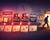 Stylized timeline showing escalating workplace pressure after a complaint — write-ups, reduced hours, hostile assignments.