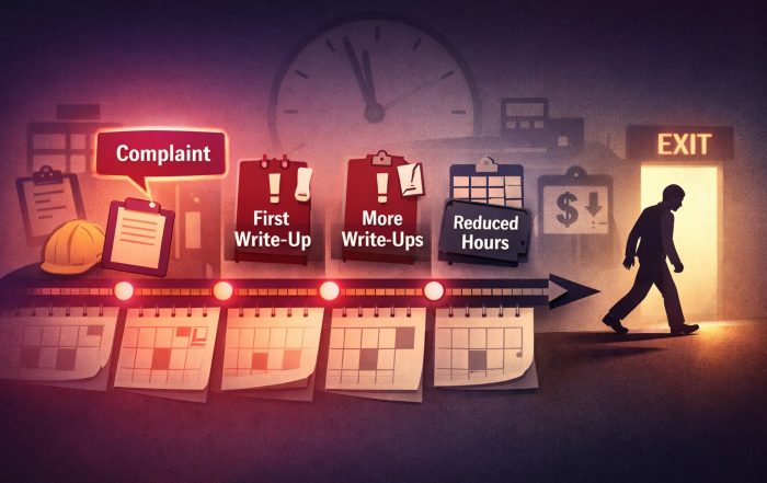 Stylized timeline showing escalating workplace pressure after a complaint — write-ups, reduced hours, hostile assignments.