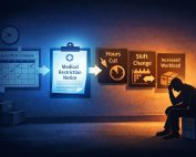 Stylized timeline: medical disclosure → schedule/pay cuts → disciplinary write-ups → resignation (constructive discharge).