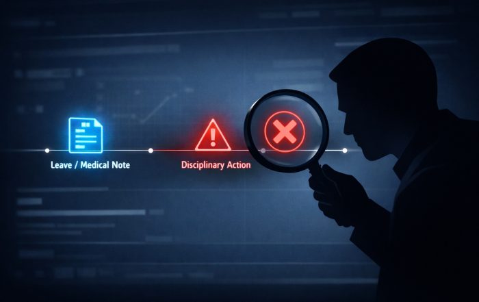 Stylized timeline with glowing leave request, clustered discipline and termination nodes highlighted by a magnifying glass.
