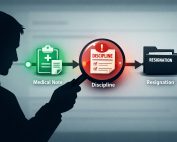 Stylized timeline showing leave request, then discipline and termination nodes clustered; magnifier highlights close spacing.