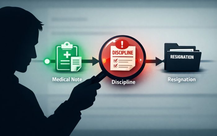 Stylized timeline showing leave request, then discipline and termination nodes clustered; magnifier highlights close spacing.