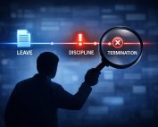 Stylized timeline with glowing leave-request node; clustered discipline and termination nodes under a magnifier.