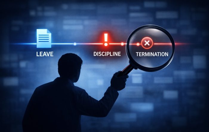 Stylized timeline with glowing leave-request node; clustered discipline and termination nodes under a magnifier.
