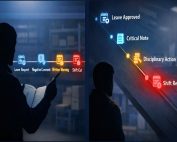 Stylized timeline showing warnings, schedule cuts, and write-ups after an employee requests protected family/medical leave.