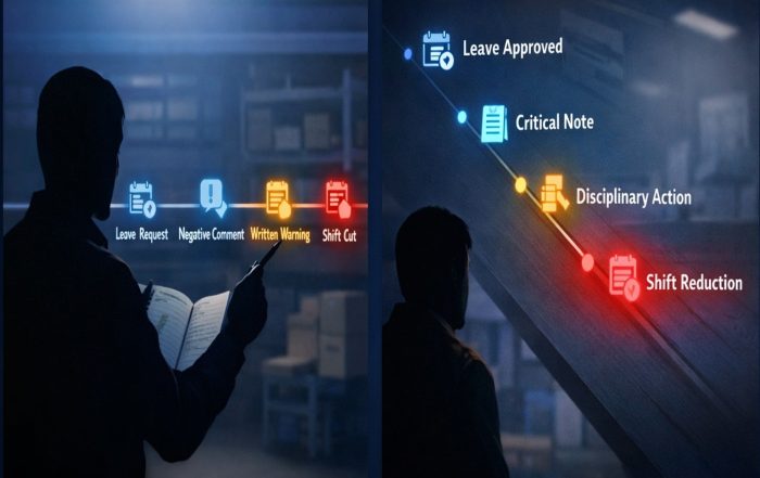 Stylized timeline showing warnings, schedule cuts, and write-ups after an employee requests protected family/medical leave.