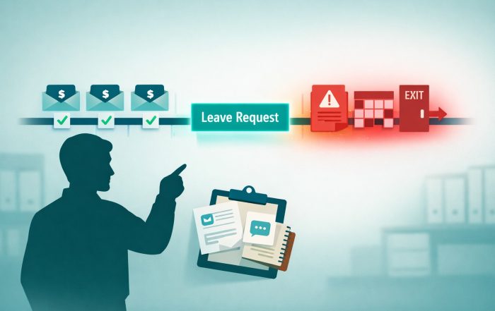 Illustration of a highlighted timeline showing sudden write-ups and schedule changes after a family-care leave request.