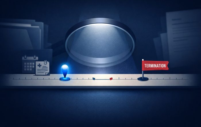 Stylized timeline showing an employee’s accommodation/leave request with a spotlight on a subsequent termination event.