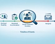 Timeline infographic showing health disclosure → accommodation request → escalating hostility → resignation.