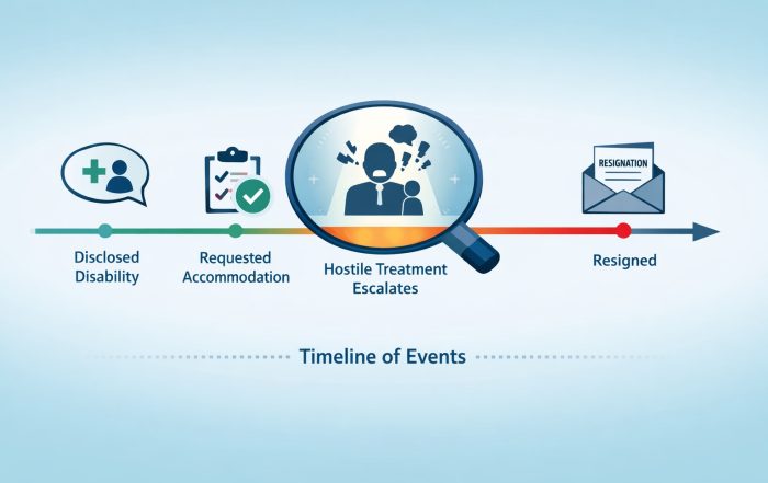 Timeline infographic showing health disclosure → accommodation request → escalating hostility → resignation.