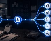 Glowing complaint-to-termination timeline branching into documents and review steps in a restaurant office setting.