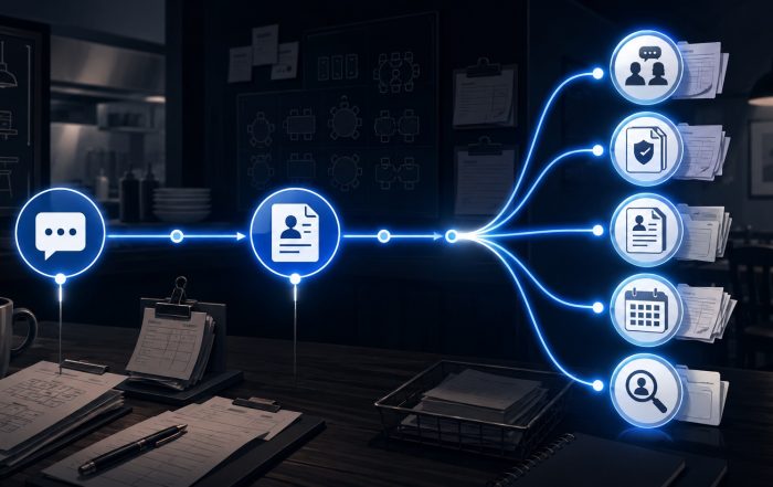 Glowing complaint-to-termination timeline branching into documents and review steps in a restaurant office setting.