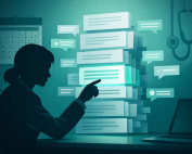 Illustration of an anonymous manager comparing emails and a timeline to audit consistency in a medical-practice termination.