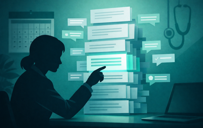 Illustration of an anonymous manager comparing emails and a timeline to audit consistency in a medical-practice termination.
