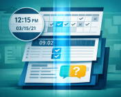 Stylized illustration of time-stamped schedules and messages under a magnifying glass, highlighting record consistency.