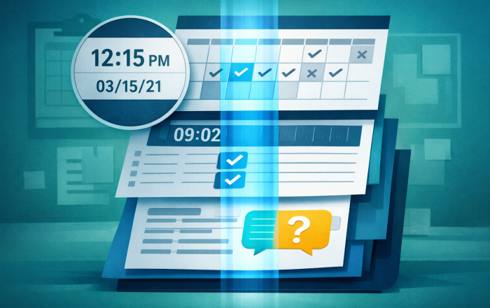 Stylized illustration of time-stamped schedules and messages under a magnifying glass, highlighting record consistency.