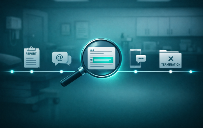 Stylized timeline with highlighted message bubbles, date stamps, and silhouetted figures showing disputed patient safety.