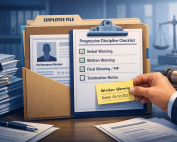 Stylized illustration of a manager auditing a highlighted paper trail of dated personnel records.