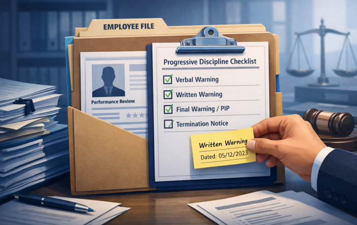 Stylized illustration of a manager auditing a highlighted paper trail of dated personnel records.