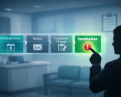 Stylized ledger timeline linking a protected complaint to escalating discipline and termination.