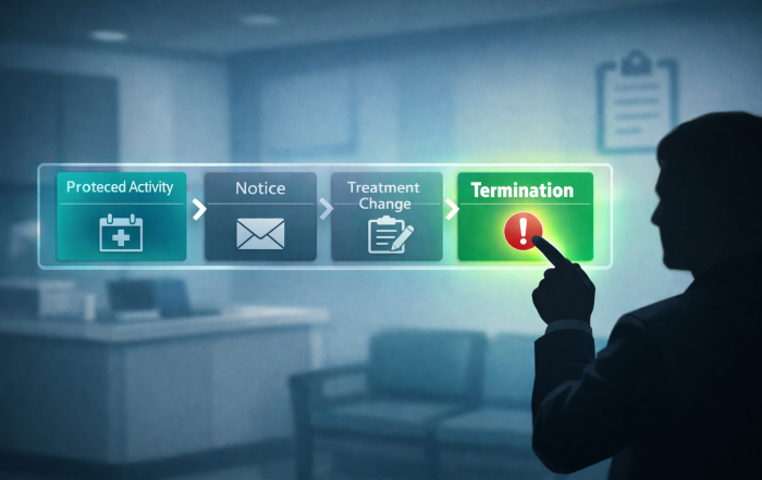 Stylized ledger timeline linking a protected complaint to escalating discipline and termination.